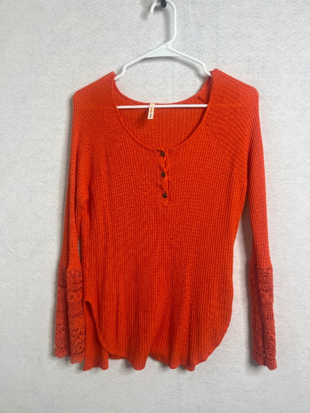 Orange Creek Boho Thermal Top Orange Lace Sleeve Henley